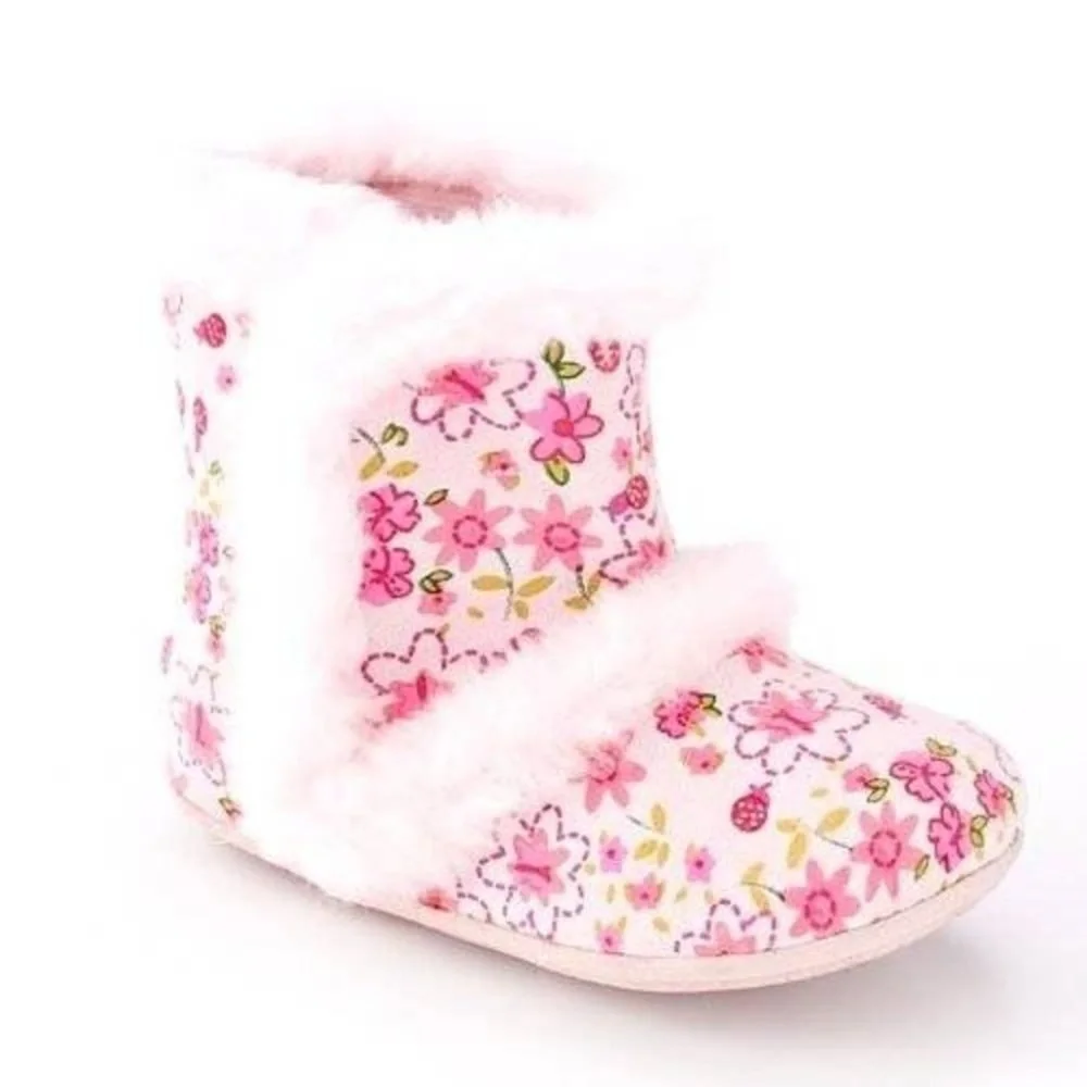 Girls Baby Booties Crib Shoes 4 Jumping Beans Pink Floral Faux Trim Velcro Side